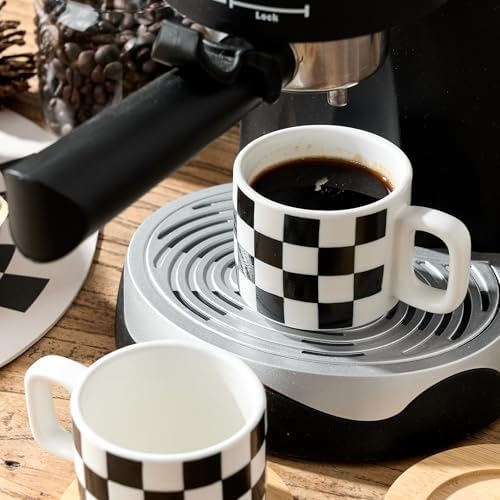 LUKA Porcelain Stackable Black and White Checkered Espresso Cups with Saucers and Metal Stand, 4 Ounce Small Ceramic Demitasse Cups Set for Coffee Drinks, Latte, Tea - Set of 4, White Interior - Image 6