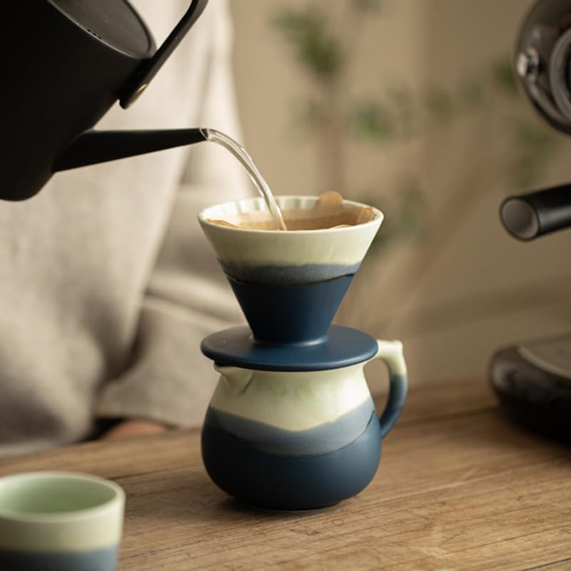 Handmade Gradient White Blue Pour Over Coffee Maker with Pour Set Fambe Ceramic Coffee Dripper Brewer Heat Resistant Coffee Pot Decanter ACM07G - Image 4