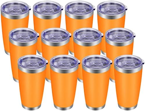 VEGOND 20oz Tumbler with Lid and Straw Stainless Steel Tumbler Cup Bulk Vacuum Insulated Double Wall Travel Coffee Mug Powder Coated Coffee Cup, Orange, 12 Pack by VEGOND