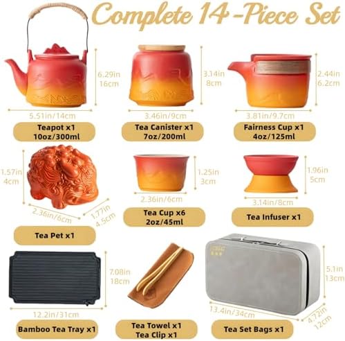 ICHAG Chinese Tea Set, Japanese Tea Sets for Adults, 15-Piece Porcelain Gongfu Tea Set with Teapet & Tea Tray, Japanese Teapot Sets, Travel Tea Party Sets, for Home/Office/Outdoor/Gifts (Red) - Image 4
