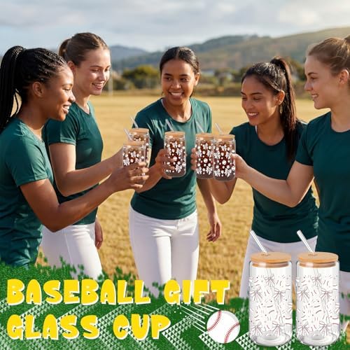 12 Pack 16 Oz Baseball Glass Cups with Lid and Straw Sports Glass Clear Reusable Cups Iced Coffee Drinking Tumbler for Sports Themed Party Favors Team Gifts Birthday Party Supplies - Image 5