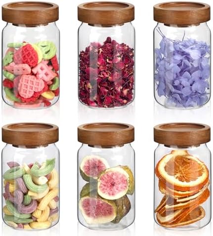 6oz Small Glass Jars with Wood Lid Spice Jar Round Food Storage Canister Clear Glass Containers Jar for Ground Seasoning Pantry Sugar Tea Coffee Bean Spice Herb Cookies(6 * 200ml(6.76oz)) by Patoper