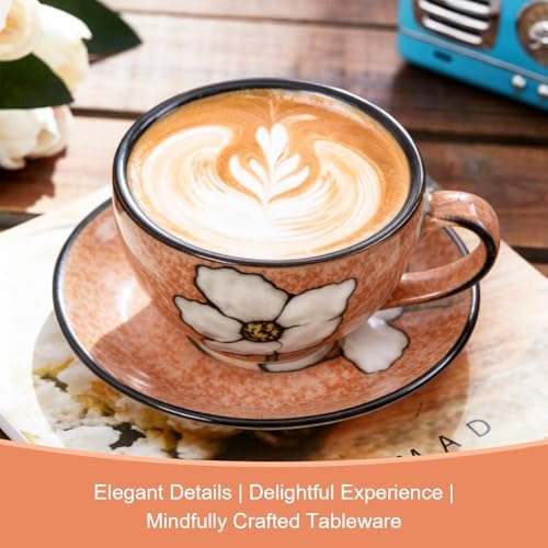 8 Oz Floral Porcelain Cappuccino Cups with Saucers Set of 4, Stoneware Tea Coffee Mugs for Home Kitchen & Office, Dishwasher Microwave Oven Safe, for Espresso, Latte, Americano, Milk & Tea, Pink - Image 6
