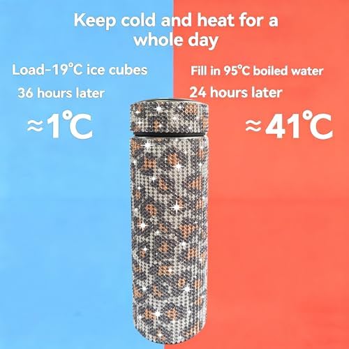 17 oz Bling Stainless Steel Water Bottle Rhinestone Vacuum Water Bottle Glitter Bottles Diamond Vacuum Flask Mug Gift Girls Women (500ml),Leopard Gold - Image 4