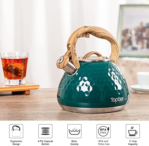 Tea Kettle, Toptier Teapot Whistling Kettle with Wood Pattern Handle Loud Whistle, Food Grade Stainless Steel Tea Pot for Stovetops Induction Diamond Design Water Kettle, 2.7-Quart Dark Green - Image 5
