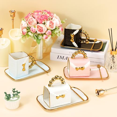 Sliner Set of 4 Handbag Coffee Mug with Saucer Purse Tea Cup Set,Stylish - Image 4
