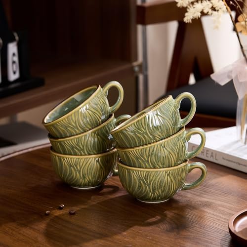 Coffeezone Set of 6 Vintage Design 12 oz Professional Barista Ceramic Latte Art Cappuccino Cups Set (Wave Green) - Image 4
