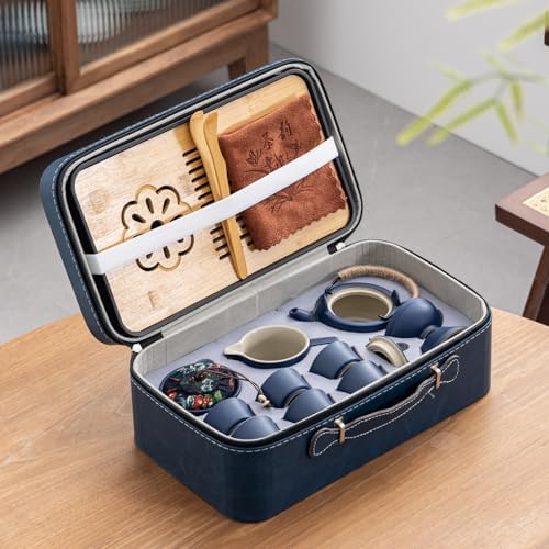 14-Piece Portable Ceramic Travel Tea Set - Chinese Kung Fu Tea Kit with Bamboo Tray & Leather Carry Bag (Blue) for Home/Office/Camping/Gifting - Image 2