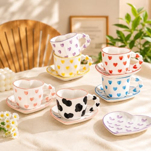 Heart Shaped Coffee Mug Set with Saucer and Spoon, Cute Cow Ceramic Tea Cup Set with Heart Handle, 260ML Latte Cappuccino Mug for Coffee Tea Hot Chocolate, Gift for Women Girls - Image 6