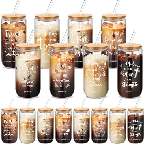 Skylety 16 Sets Christian Glass Cups for Women with Lids Straws Brushes by Skylety