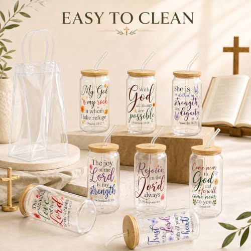 Iced Coffee Mugs, 8 Sets, Glass, 16 oz, Reusable, Floral Bible - Image 4