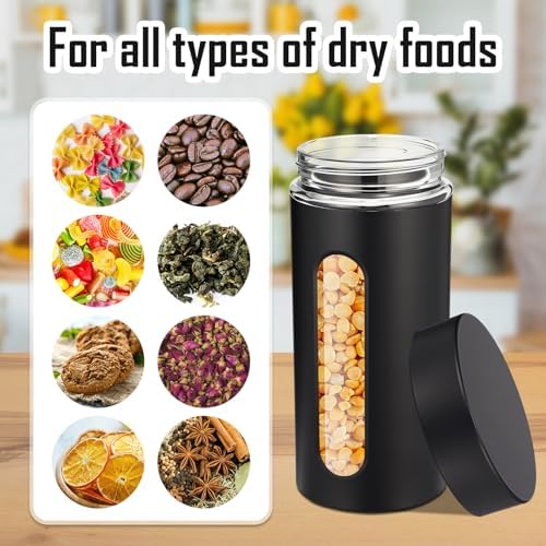 Mimorou 3 Pcs Stainless Steel Canister Set with Glass Windows Visible Storage Jars Silver Kitchen Canister Set for Pasta Flour Oat Sugar Container, Kitchen Tools, Housewarming Gifts(Black,44 oz) - Image 6