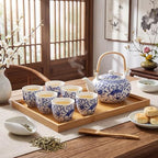 Layhit Japanese Tea Set for Adults, 25.3oz Ceramic Teapot with 6 Cups & Wooden Tray, Traditional Kiln Altered Glaze Asian Chinese Tea Set Gift Box for Father's Day & Housewarming (Blue) - Image 3