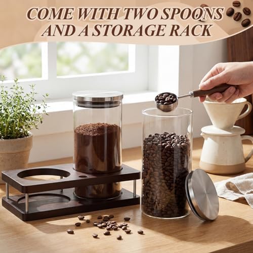Suclain Glass Coffee Grounds Container with Shelf 2 x 44 oz Glass Coffee Bean Storage Canisters with Airtight Thread Lid and Measuring Spoon for Kitchen Sugar(Clean Style, Stainless Steel) - Image 5