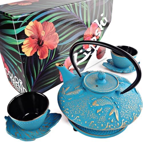 Mediterranean Blue Koi Cast Iron Tea Set, 2 Cups, 2 Saucers & Infuser by KIYOSHILuxury