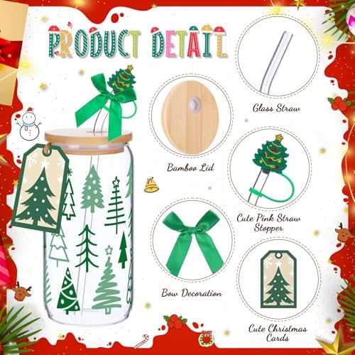 Vesici 6 Set Christmas Glasses Cups 16 oz Xmas Drink Cup with Lid Straw and Stopper Can Shaped Beer Tumbler Christmas Appreciation Gifts with Cards and Bow for Women Birthday Party Favor - Image 3