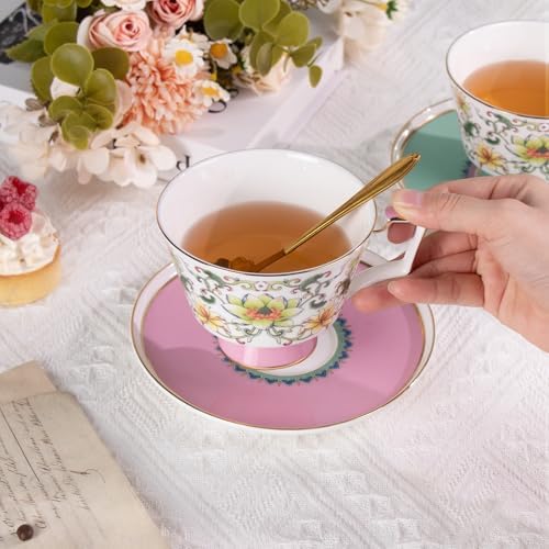KAMMAK Ceramic Coffee Cups Saucers Set of 2, Porcelain Espresso Cups with Saucers, 8.12 oz Handcrafted Elegant Bone China Tea Cups, Lotus Floral Pattern Teacup for Party, Office, Women Gift - Image 3