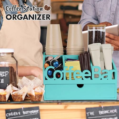 Coffee Bar Organizer Countertop, Wood Coffee Station, Drawer, Turquoise - Image 6