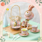 Zhehao 20 Pcs Porcelain Tea Set for Adult, with Metal Holder, Pink - Image 3