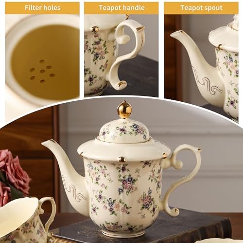 TATSUMI Country Roses Porcelain Tea Set, European Ceramic tea set for adults,Vintage Style, For Women and Tea Parties (Yellow, 13 Pieces Set) - Image 4