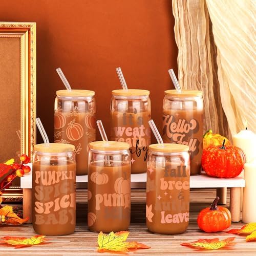 SiliFine 6 Pcs Fall Glass Cups, 16 oz with Lids and Straws - Image 2