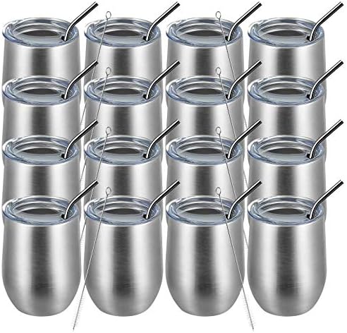 MEWAY 12oz Wine Tumbler 16 Pack Bulk Gifts for Women,Double Wall Vacuum Stainless Steel Travel Mug with Lid,Insulated Stemless Wine Cup Glass for Coffee,Cocktails,Drinks(Sliver,Set of 16) by MEWAY