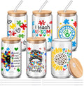 SiliFine 6 Pcs Autism Awareness Glass Cups, 16 oz with Lids by SiliFine