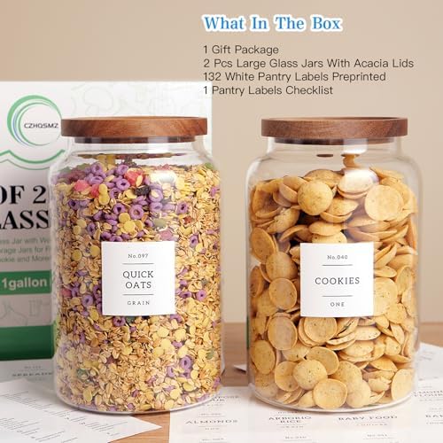 CZHQSMZ Set of 2 Large Glass Flour and Sugar Containers with 132 Pantry Labels - Glass Food Storage Jars with Airtight Bamboo Lid for Flour Pasta Candy Coffee Cookie and More(1 Gallon/4000 ml) - Image 5