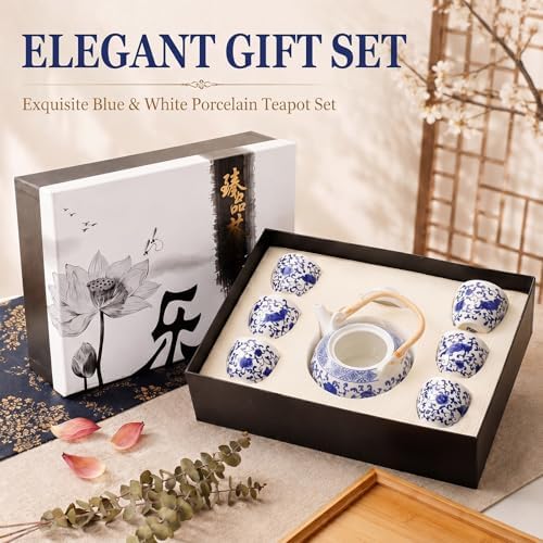 Layhit Japanese Tea Set for Adults, 25.3oz Ceramic Teapot with 6 Cups & Wooden Tray, Traditional Kiln Altered Glaze Asian Chinese Tea Set Gift Box for Father's Day & Housewarming (Blue) - Image 6