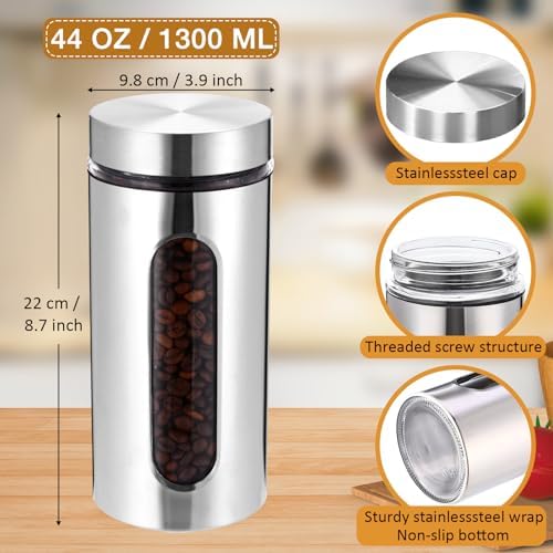 Mimorou 3 Pcs Stainless Steel Canister Set with Glass Windows Visible Storage Jars Silver Kitchen Canister Set for Pasta Flour Oat Sugar Container, Kitchen Tools, Housewarming Gifts(44 oz) - Image 2