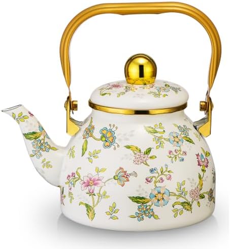 Enamel Tea Kettle for Stovetop, 1.2L Floral Tea Kettle with Gold Handle & Stainless Steel Infuser, Vintage Teapot, Tea Kettle Stovetop for Gas, Induction & Electric Stoves by Unknown