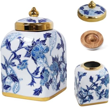 Blue and White Ceramic Tea Canister with Airtight Lid, 10" H Kitchen Decor Jar for Loose Leaf Tea & Coffee Bean Storage, Chinoiserie Decor Ginger Jars for Home Decor, 121 fl oz - Blue Peony by Unknown