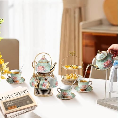 20Pcs Porcelain Tea Set with Metal Holder and Spoons, Floral Tea Sets for Adults with Teapot Cups Saucers, European Ceramic Tea Parties Set for Women （Large） (Green) - Image 6