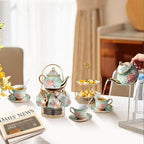 20Pcs Porcelain Tea Set with Metal Holder and Spoons, Floral Tea Sets for Adults with Teapot Cups Saucers, European Ceramic Tea Parties Set for Women （Large） (Green) - Image 6