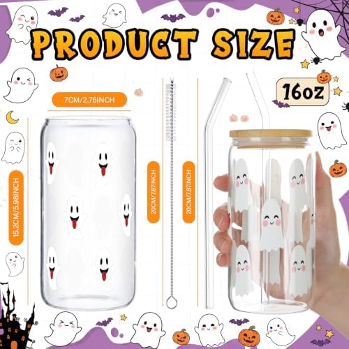Vesici 6 Set Halloween Ghost Glass Cups 16 oz with Lid Straw and Stopper - Image 3