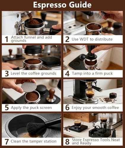 10 PCS Espresso Accessories Kit - 51mm Espresso Tools Set with WDT Tool, Espresso Tamper, Tamping Station, Coffee Distributor, Dosing Funnel, Puck Screen, Latte Art Pen,Stencils & Coffee Scale - Image 5
