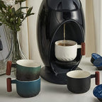 6oz Ceramic Espresso Cups with Wooden Handle, Small Coffee Cups for Latte Cappuccino, Tea Cups Set of 4 - Image 5