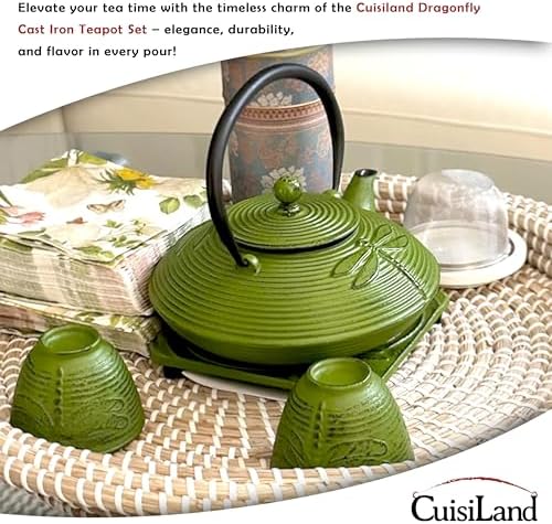Cuisiland 27oz Cast Iron Teapot Set, Japanese Tetsubin Teapot with Enamel Coated Interior, Dragonfly Design, Excellent Heat Retention, Includes Infuser, Trivet & 2 Tea Cups (Green) - Image 3