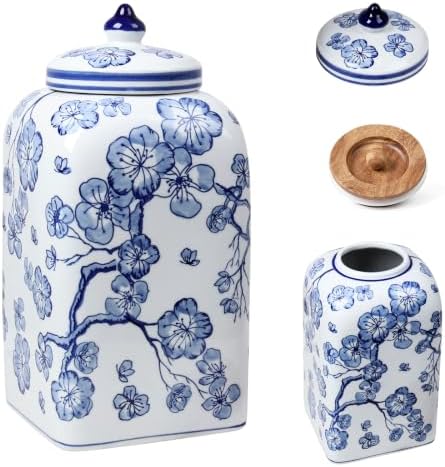 12.5" H Ceramic Kitchen Canisters for Countertop, Tea & Coffee Bean Storage Canister with Airtight Lid, Blue and White Chinoiserie Decor Ginger Jar for Home Decor, 155 fl oz - Plum Blossom by Unknown
