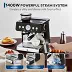 Stainless Steel Rich Coffee Machine w/Built-in Grinder – 20 Bar, 2.8l Removable Tank, Milk Frother Steam Wand for Latte & Cappuccino, Adjustable Shot Volume, Pro for Home Barista & Office - Image 6