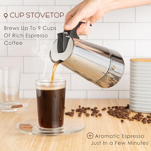 Mixpresso 9 Cup Greca Stovetop Espresso Maker 450ml/15oz, Moka Pot with Coffee Percolator Design, Stainless Steel Stove Top Coffee Maker for Camping or Home Use, Bundle With 3 Piece Black Canisters S - Image 5