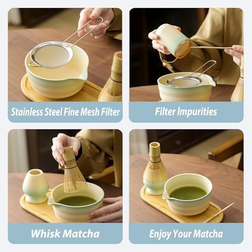 7-Piece Travel Matcha Set, Portable Ceremony Kit with Gradient Glaze Bowl, Ceramic Tea Caddy, Bamboo Whisk & Carry Case (Gradient Pink) - Image 3