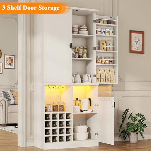kepptory 72" Tall Wine Bar Cabinet with LED Light, Farmhouse Kitchen Pantry Storage Cabinet with 16 Wine Racks & Glass Holders, Liquor Cabinet for Dining Room Living Room, White - Image 3