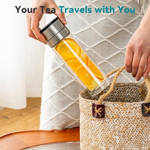 COMI Tea Bottle with Infuser,Double-Wall Glass Travel Mug with One Click Open Lid, Leak Proof Tea Infuser Bottle for Loose Leaf, Fruit & Flower Infused Drinks, Heat & Cold Resistant, Tea Gift Set - Image 5