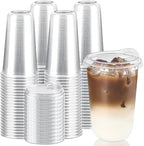 18 oz Round Bottom Clear Plastic Cups with Strawless Sip Lids, 100 Pack by Qeirudu
