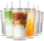 INSETLAN 20 oz Iced Coffee Cups with Lids and Straw, Set of 6 Glass Tumbler by INSETLAN