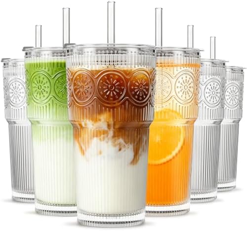 INSETLAN 20 oz Iced Coffee Cups with Lids and Straw, Set of 6 Glass Tumbler by INSETLAN