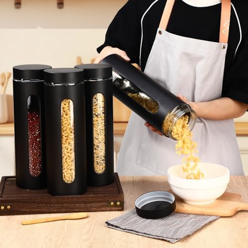 Mimorou 3 Pcs Stainless Steel Canister Set with Glass Windows Visible Storage Jars Silver Kitchen Canister Set for Pasta Flour Oat Sugar Container, Kitchen Tools, Housewarming Gifts(Black,60 oz) - Image 3