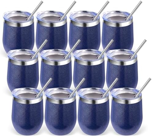 Volhoply 12oz Stainless Steel Wine Tumbler with Lid Bulk 12 Pack,Double Wall Vacuum Stemless Wine Glasses,Reusable Metal Travel Coffe Mug with Straw,Insulated Cups Gifts for Christmas（Navy,12 Set） by LiveFully%EF%BC%8CDrinkFreely%E2%80%94KeepGoingwithVolhoply%EF%BC%81
