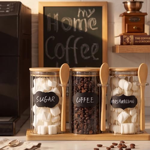 Set of 3 Glass Coffee Container with Bamboo Lids Spoons Labels 25 oz Clear Airtight Jar Food Storage Canister Set for Coffee Tea Sugar Decorative Countertop Organization Jars(Light Wood) - Image 4